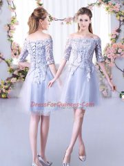 Half Sleeves Tulle Mini Length Lace Up Quinceanera Dama Dress in Grey with Lace