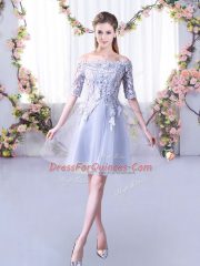 Half Sleeves Tulle Mini Length Lace Up Quinceanera Dama Dress in Grey with Lace