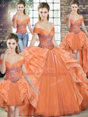 Colorful Floor Length Lace Up Quinceanera Dress Orange for Military Ball and Sweet 16 and Quinceanera with Beading and Ruffles