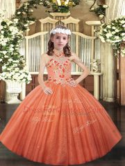 Fantastic Orange Sleeveless Floor Length Appliques Lace Up Pageant Gowns For Girls