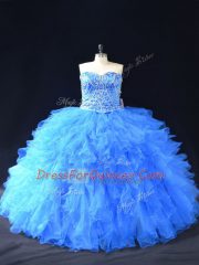 Stunning Blue Sleeveless Organza Lace Up Quinceanera Gowns for Sweet 16 and Quinceanera