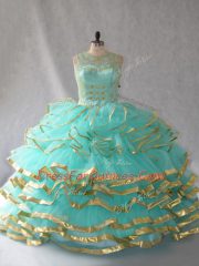 Organza Scoop Sleeveless Lace Up Beading and Embroidery and Ruffles and Ruffled Layers 15th Birthday Dress in Aqua Blue