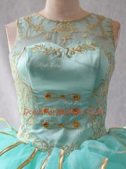 Organza Scoop Sleeveless Lace Up Beading and Embroidery and Ruffles and Ruffled Layers 15th Birthday Dress in Aqua Blue