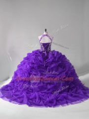 Shining Ball Gowns Sleeveless Purple 15 Quinceanera Dress Court Train Lace Up