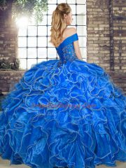 Fashion Off The Shoulder Sleeveless Organza Vestidos de Quinceanera Beading and Ruffles Lace Up