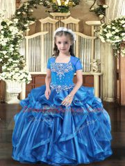 Baby Blue Organza Lace Up Girls Pageant Dresses Sleeveless Floor Length Beading and Ruffles