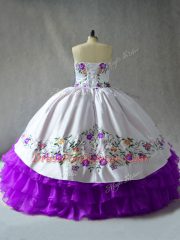 White And Purple Lace Up 15 Quinceanera Dress Embroidery and Ruffled Layers Sleeveless Floor Length