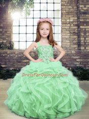 Straps Sleeveless Lace Up Kids Pageant Dress Apple Green Organza and Tulle