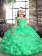 Straps Sleeveless Lace Up Kids Pageant Dress Turquoise Organza