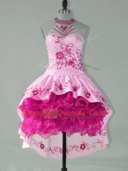 Gorgeous Pink Ball Gowns Satin and Organza Halter Top Sleeveless Embroidery and Ruffles High Low Lace Up Party Dress for Girls