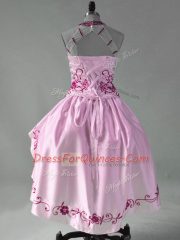 Gorgeous Pink Ball Gowns Satin and Organza Halter Top Sleeveless Embroidery and Ruffles High Low Lace Up Party Dress for Girls