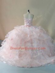 Extravagant Pink Lace Up 15th Birthday Dress Beading and Ruffles and Hand Made Flower Sleeveless Brush Train