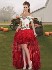 Deluxe Red Off The Shoulder Neckline Embroidery and Ruffles Prom Dress Sleeveless Lace Up