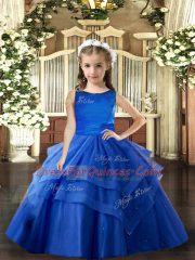 Floor Length Lace Up Pageant Dress Womens Royal Blue for Party and Wedding Party with Ruffled Layers