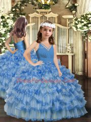 Beautiful Sleeveless Floor Length Ruffled Layers and Ruching Backless Quinceanera Gown with Blue