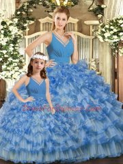Beautiful Sleeveless Floor Length Ruffled Layers and Ruching Backless Quinceanera Gown with Blue