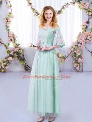 Fancy Light Blue Side Zipper Off The Shoulder Lace and Belt Quinceanera Court of Honor Dress Tulle Half Sleeves