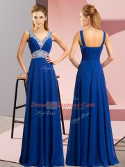 Traditional Royal Blue Lace Up Prom Gown Beading Sleeveless Floor Length