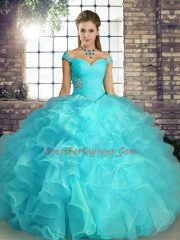 Fancy Aqua Blue Sleeveless Organza Lace Up Sweet 16 Quinceanera Dress for Military Ball and Sweet 16 and Quinceanera