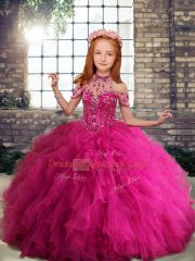 Amazing Beading and Ruffles Kids Formal Wear Fuchsia Lace Up Sleeveless Floor Length