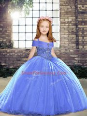 Blue Kids Pageant Dress Tulle Brush Train Sleeveless Beading