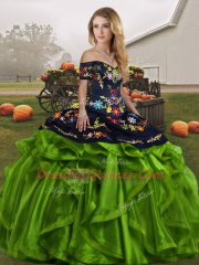 Green Off The Shoulder Lace Up Embroidery and Ruffles Sweet 16 Dress Sleeveless