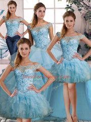 Simple Light Blue Ball Gowns Beading and Ruffles Ball Gown Prom Dress Lace Up Organza Sleeveless Floor Length