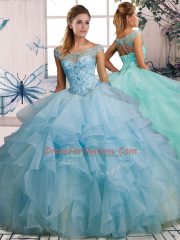Simple Light Blue Ball Gowns Beading and Ruffles Ball Gown Prom Dress Lace Up Organza Sleeveless Floor Length