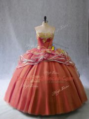 Sleeveless Tulle Brush Train Lace Up Quinceanera Gown in Rust Red with Appliques and Ruffles