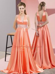 Custom Design V-neck Sleeveless Brush Train Backless Prom Gown Orange Red Elastic Woven Satin