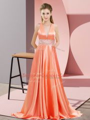 Custom Design V-neck Sleeveless Brush Train Backless Prom Gown Orange Red Elastic Woven Satin