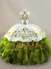 Halter Top Sleeveless Quince Ball Gowns Floor Length Embroidery and Ruffles Olive Green Organza