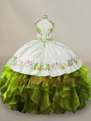 Halter Top Sleeveless Quince Ball Gowns Floor Length Embroidery and Ruffles Olive Green Organza