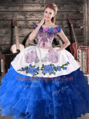 Pretty Off The Shoulder Sleeveless Quince Ball Gowns Floor Length Appliques Blue And White Satin and Organza