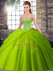 Sophisticated Tulle Lace Up Sweetheart Sleeveless 15th Birthday Dress Brush Train Beading and Pick Ups