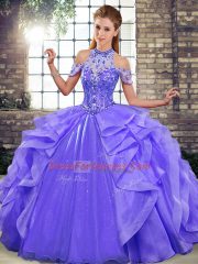 Admirable Sleeveless Organza Floor Length Lace Up 15 Quinceanera Dress in Purple with Beading and Ruffles