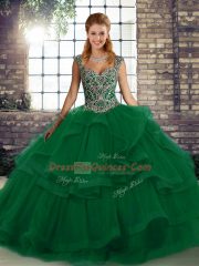Custom Made Green Lace Up Sweet 16 Quinceanera Dress Beading and Ruffles Sleeveless Floor Length