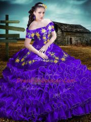 Purple Ball Gowns Embroidery and Ruffles Quinceanera Gowns Lace Up Organza Sleeveless Floor Length