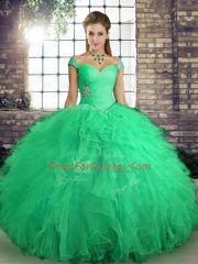 Artistic Turquoise Sleeveless Tulle Lace Up Quinceanera Dresses for Military Ball and Sweet 16 and Quinceanera