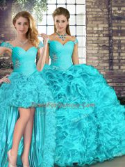 Off The Shoulder Sleeveless 15th Birthday Dress Floor Length Beading and Ruffles Aqua Blue Organza
