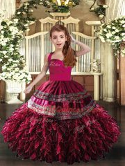 Wonderful Hot Pink and Fuchsia Organza Lace Up Straps Sleeveless Floor Length Little Girls Pageant Gowns Appliques and Ruffles
