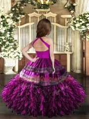 Wonderful Hot Pink and Fuchsia Organza Lace Up Straps Sleeveless Floor Length Little Girls Pageant Gowns Appliques and Ruffles