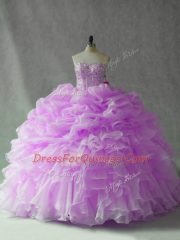 Best Selling Lilac Strapless Neckline Beading and Ruffles and Pick Ups Quinceanera Dress Sleeveless Lace Up