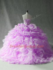 Best Selling Lilac Strapless Neckline Beading and Ruffles and Pick Ups Quinceanera Dress Sleeveless Lace Up