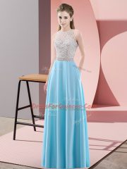 Dramatic Sleeveless Satin Floor Length Backless in Baby Blue with Beading