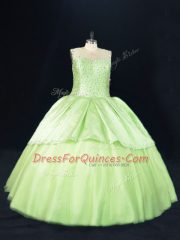 Floor Length Lace Up Ball Gown Prom Dress Yellow Green for Sweet 16 and Quinceanera with Beading