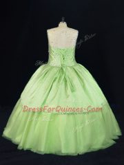 Floor Length Lace Up Ball Gown Prom Dress Yellow Green for Sweet 16 and Quinceanera with Beading