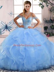 Captivating Floor Length Ball Gowns Sleeveless Blue Quinceanera Gowns Lace Up