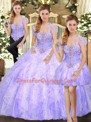 Discount Lavender Tulle Lace Up Quince Ball Gowns Sleeveless Floor Length Beading and Appliques and Ruffles