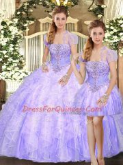 Discount Lavender Tulle Lace Up Quince Ball Gowns Sleeveless Floor Length Beading and Appliques and Ruffles